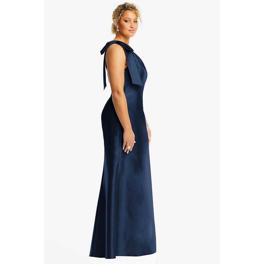 Alfred Sung D794 Midnight Navy Bow One Shoulder Satin Trumpet Gown Sz 20 - Picture 2 of 4